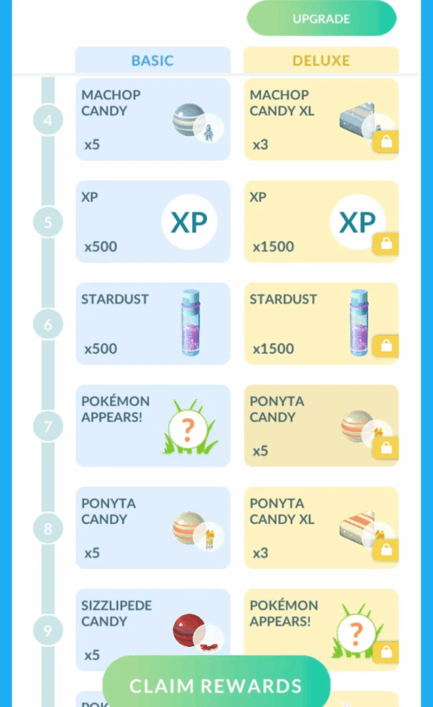 Pokémon GO pass interface screen displaying in-game rewards, progression tiers, and event pass objectives within the mobile game UI