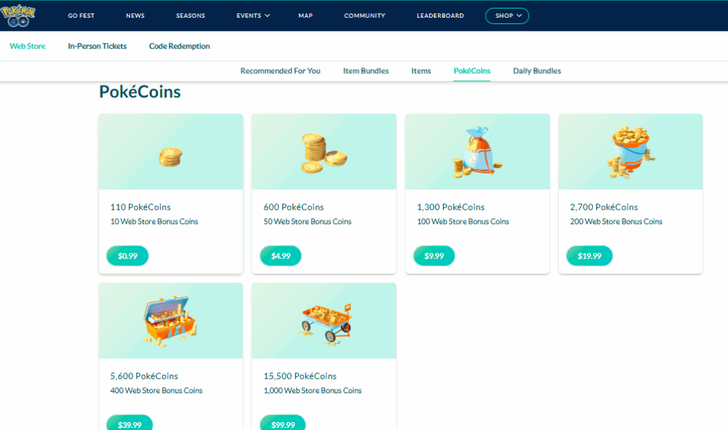Pokémon GO Web Store pricing page showing PokéCoin bundles, item offers, and purchase options within the official in-game store interface