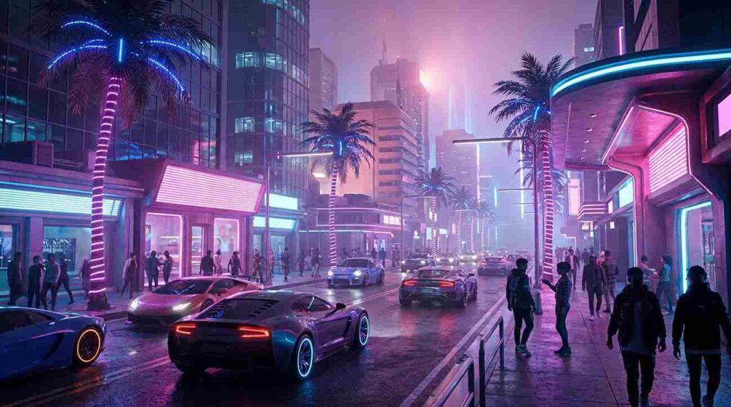 neon city street night cars
