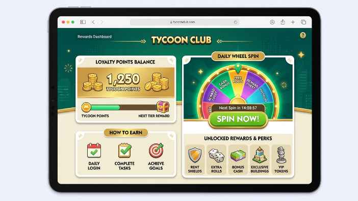 Monopoly GO Tycoon Club website dashboard benefits daily wheel loyalty points 2026