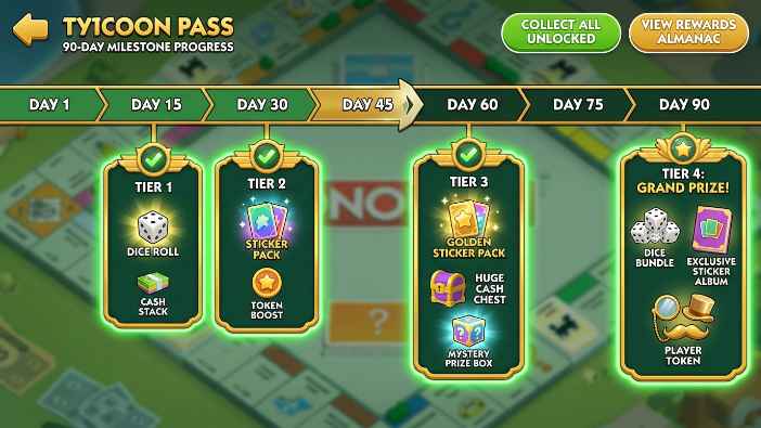 Monopoly GO Tycoon Pass 90-day milestone rewards track how it works