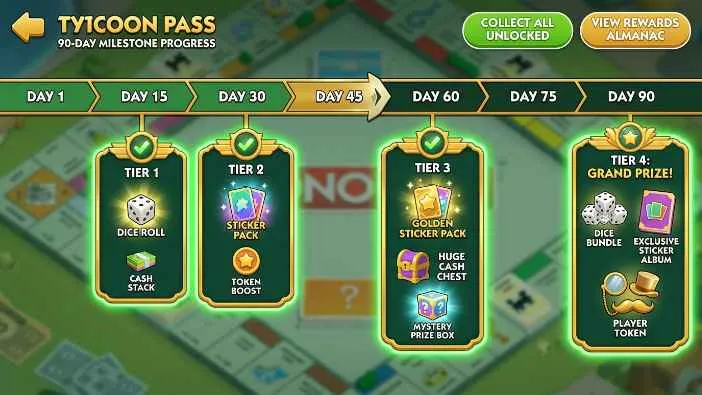 Monopoly GO Tycoon Pass 90-day milestone rewards track how it works