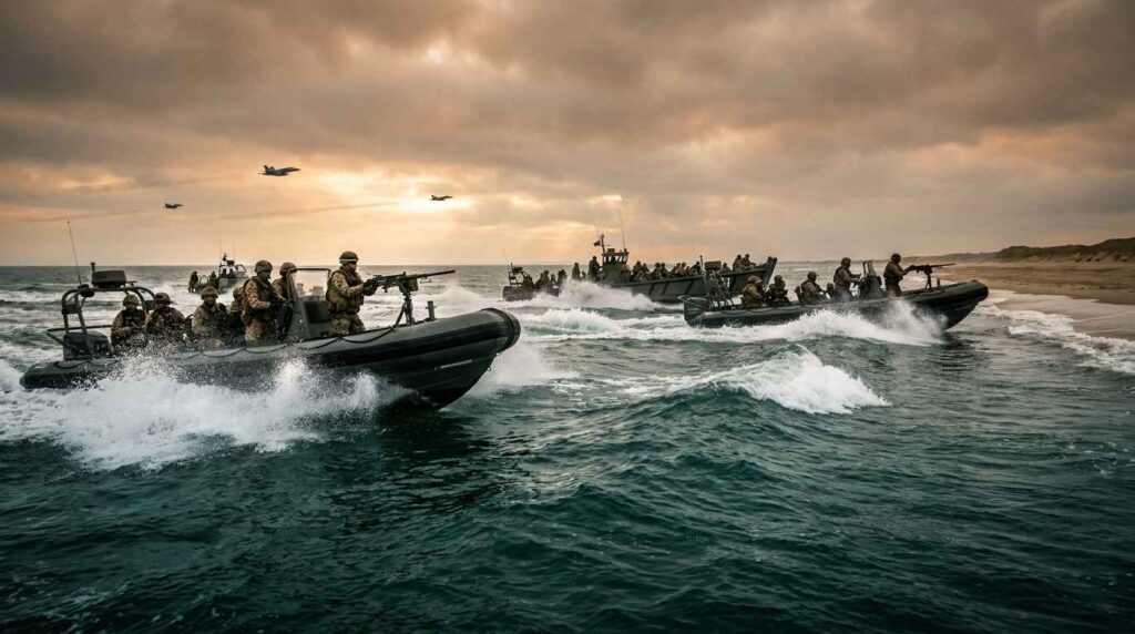 military boats toward beach 
