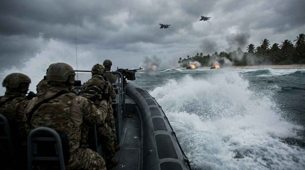 patrol boat speeding toward island