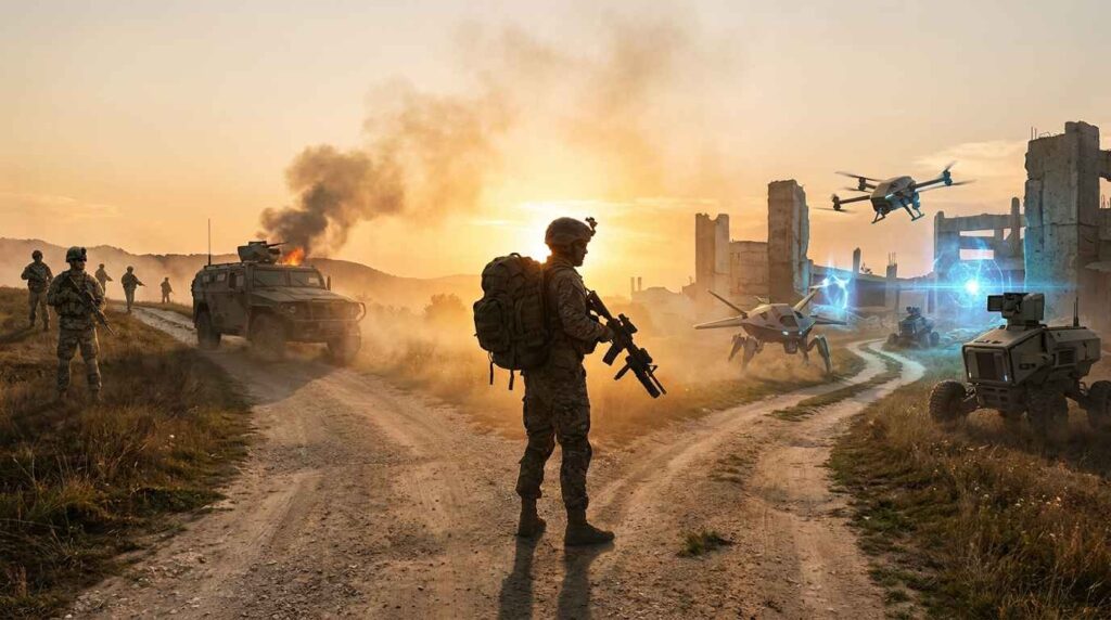 soldier at crossroads sunset