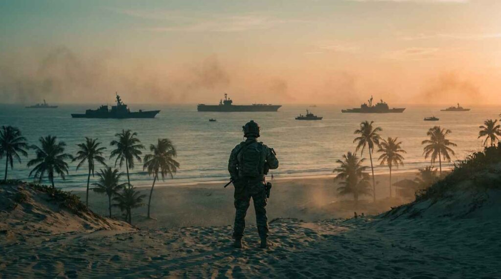 soldier on beach at sunset
