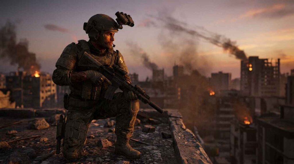 soldier overlooking war torn city