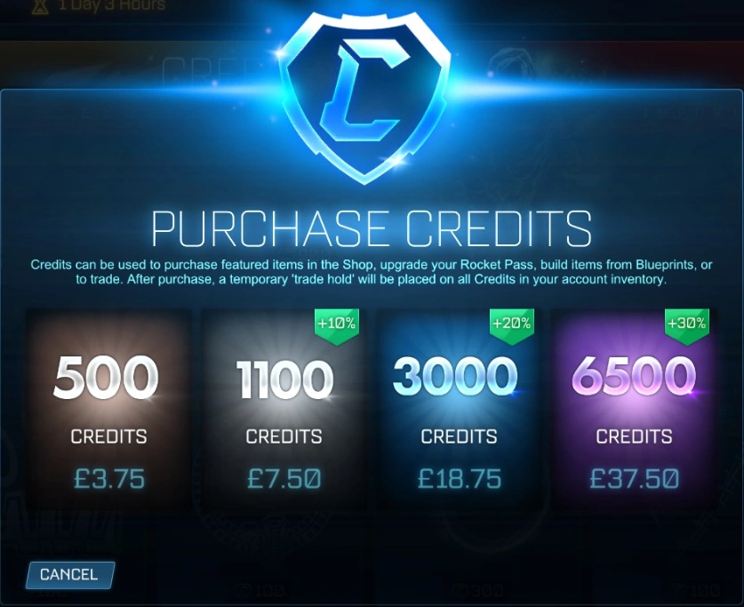 Rocket League credit prices 2026 — 500, 1100, 3000 and 6500 credit bundles