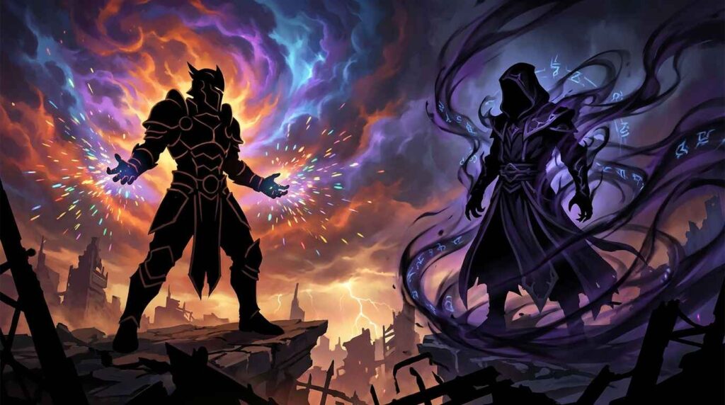 two silhouettes facing backdrop