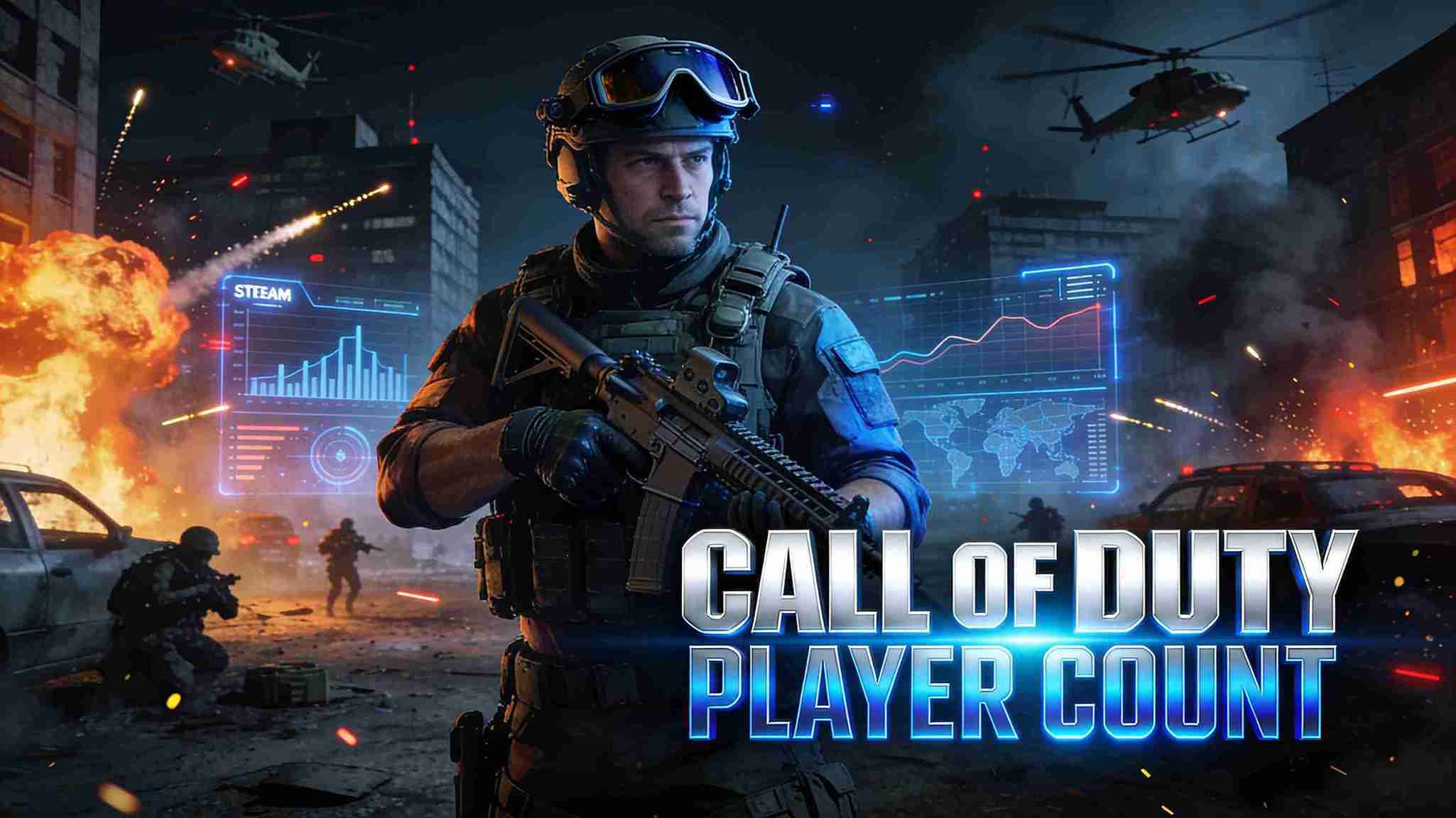 Call of Duty player count banner showing a soldier in a war-torn city with holographic Steam player statistics charts