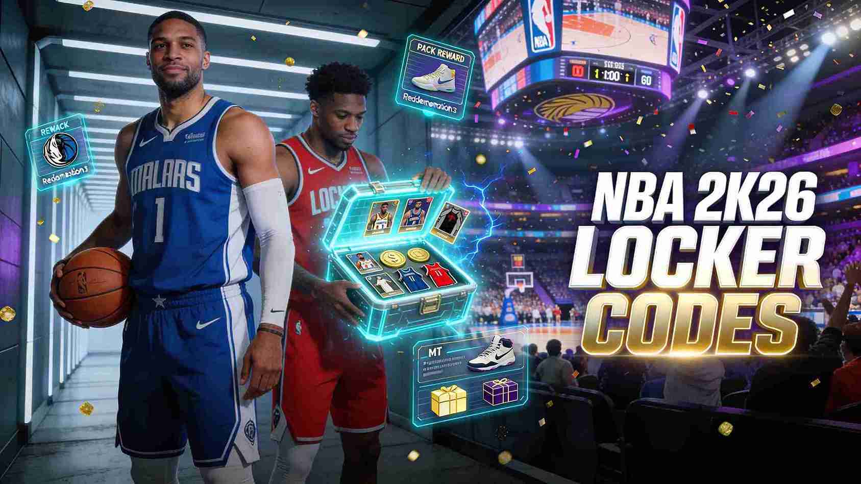 NBA 2K26 Locker Codes banner with basketball players and a glowing case of player cards, MT coins, and reward packs