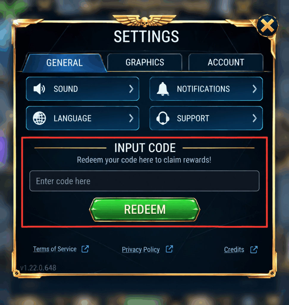 Warhammer Tacticus rewards claimed from the in-game mailbox after redeeming a code