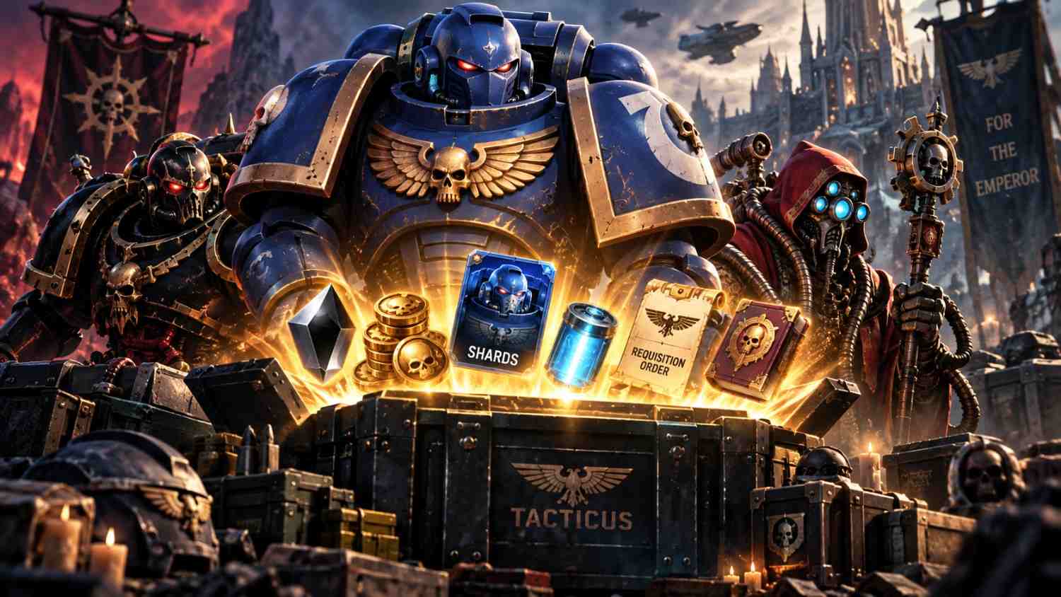 Warhammer Tacticus codes rewards featuring Space Marines with Coins, Blackstone, character Shards, Energy, and other rewards.