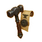 Corepunk weapons and forging tools, representing the Weaponsmithing profession and weapon crafting in the game.