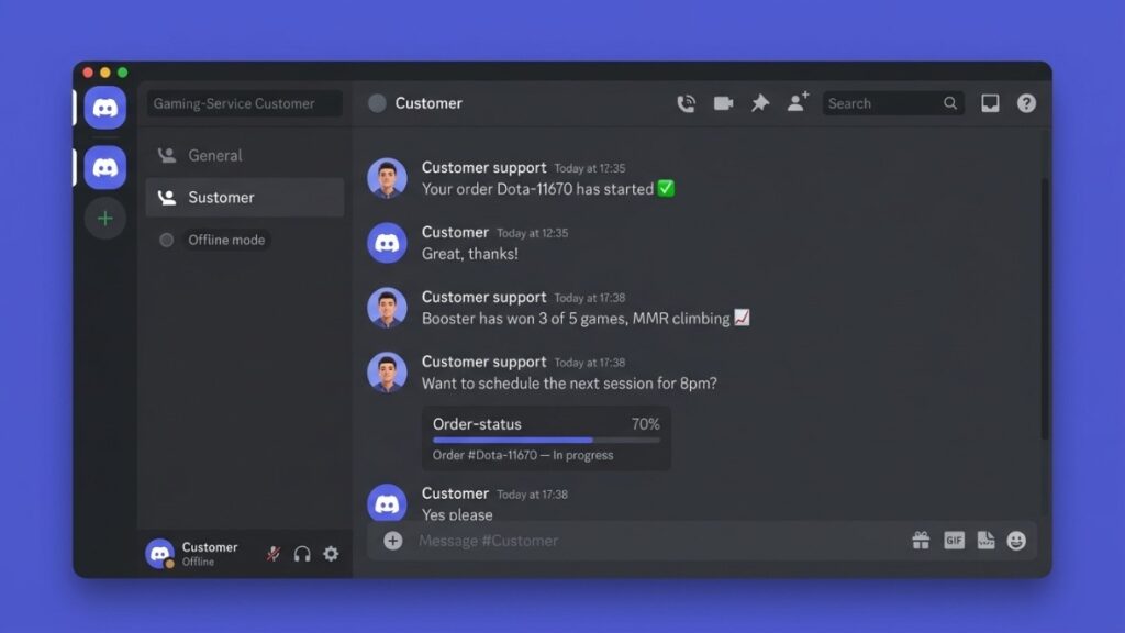 Immortalboost customer support sharing Dota 2 boost order progress with a client on Discord