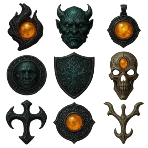 Elden Ring talismans providing unique powers and character enhancements.