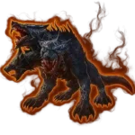 Three-headed FFXIV mount with fierce snarling heads and dark, fiery aura