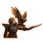 Cinematic Last Epoch scene showing a Primalist extending her hand as a falcon gracefully lands on it