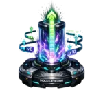 Ultra-detailed 3D render of “MoCo Leveling” inspired by the MO.CO game universe, futuristic progression upgrade module symbolizing character level advancement. Sleek high-tech energy device with a glowing vertical progression bar rising upward from the center. Metallic base crafted from matte black alloy and brushed titanium with engraved sci-fi panel lines, micro-circuit textures, and illuminated neon edge trims. Transparent central chamber filled with swirling electric energy in vibrant purple, neon green, and cyan tones. Floating holographic upward arrows, tier markers, and segmented level indicators orbiting the device, symbolizing rapid growth and advancement. Subtle particle sparks and dynamic energy pulse effects radiating upward to emphasize leveling progression. AAA mobile game cosmetic quality, high polygon detail, sharp edges, stylized realistic materials, cinematic rim lighting, soft glow effects, ultra-crisp textures. Clean centered composition. Isolated object only, no environment, no floor, no ground shadow, no background scene. Fully transparent background. Professional in-game store promotional render. No watermark, no extra text, no background elements.