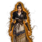 Female warrior from Naraka Bladepoint in detailed Eastern-style armor, glowing orange aura behind her, representing the KD Boost service.