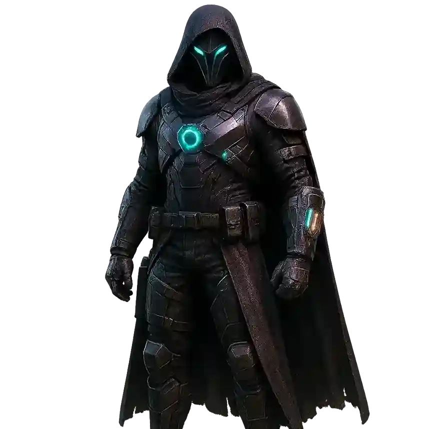 Hooded figure in black futuristic armor with a glowing blue chest emblem.
