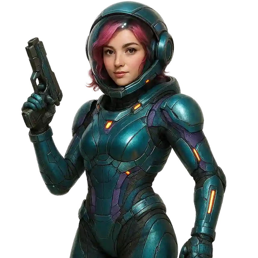 Female futuristic soldier in teal armor holding a pistol, facing forward.
