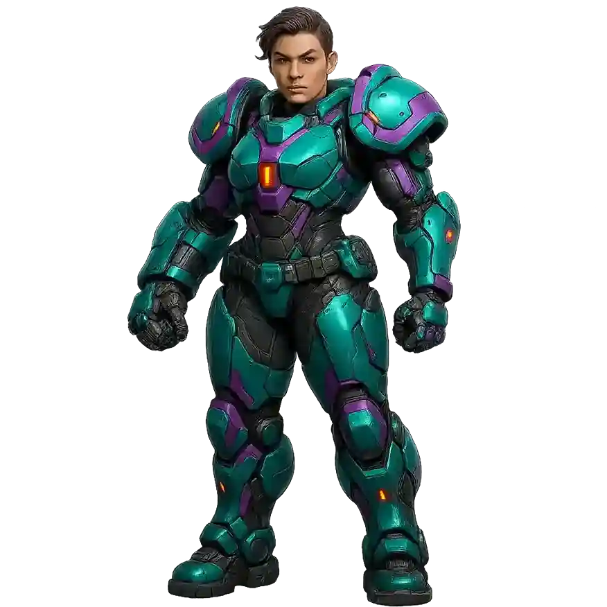 Futuristic soldier in a teal and purple powered exosuit standing in a neutral pose.
