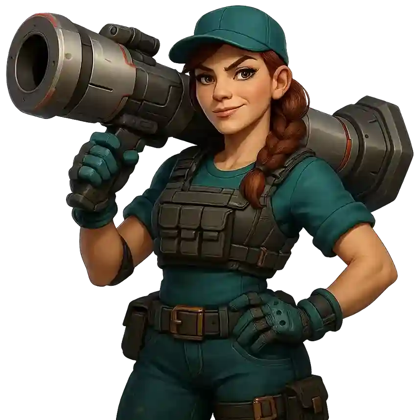 Woman in tactical gear carrying a large rocket launcher over her shoulder.