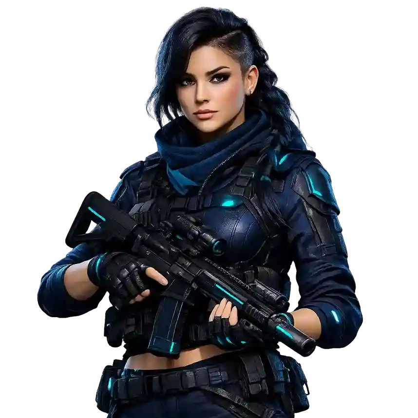 Dark-clad sci-fi soldier holding a futuristic rifle