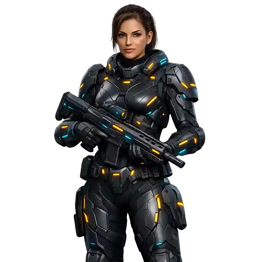 Female soldier in black powered armor carrying a futuristic rifle