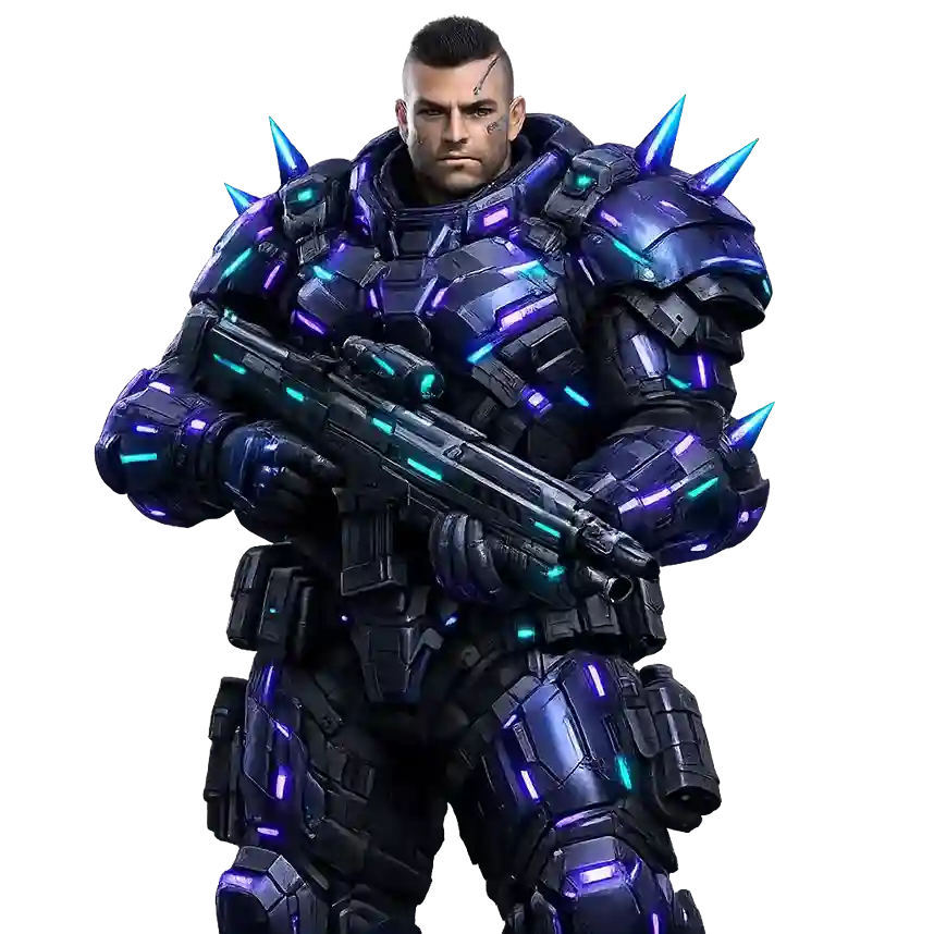 Man in blue spiked powered armor carrying a futuristic weapon