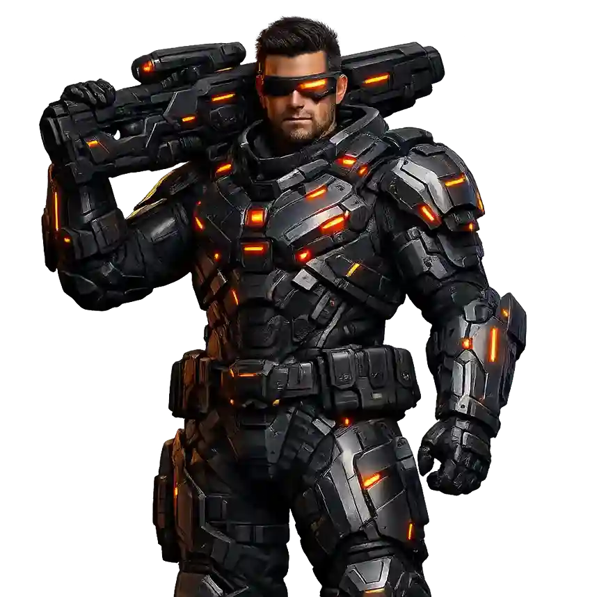 Man in futuristic black armor carrying a large sci-fi weapon on his shoulder.