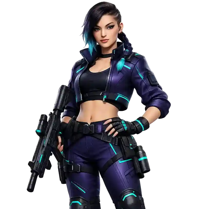 Female fighter in a purple combat suit carrying a futuristic rifle